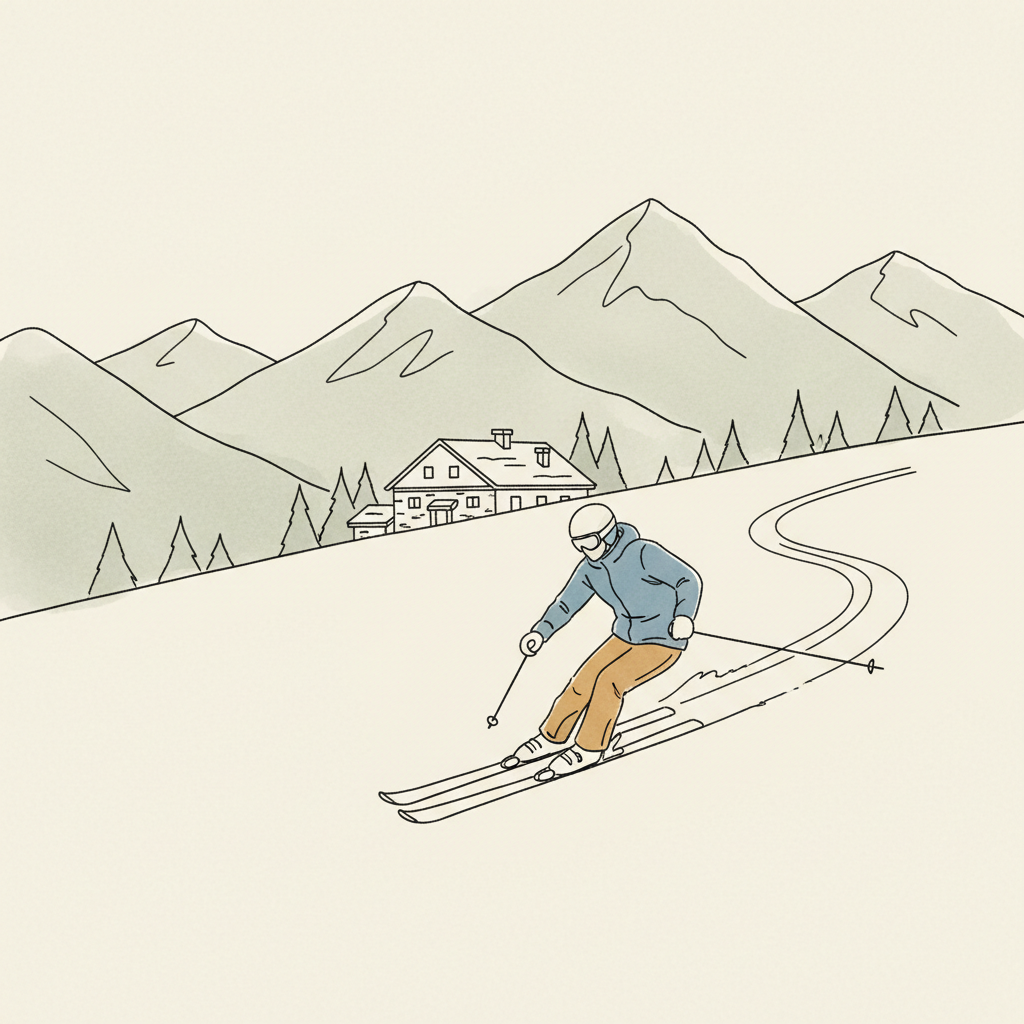 An editorial illustration of a skier carving a turn on a mountain piste, with a lodge in the background.