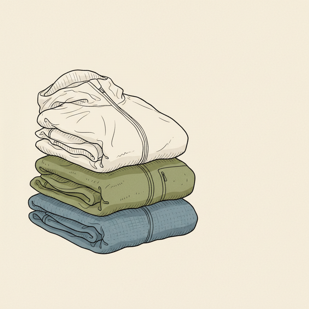 An editorial illustration of essential hiking layers: a base layer, a fleece, and a waterproof shell, arranged for packing.