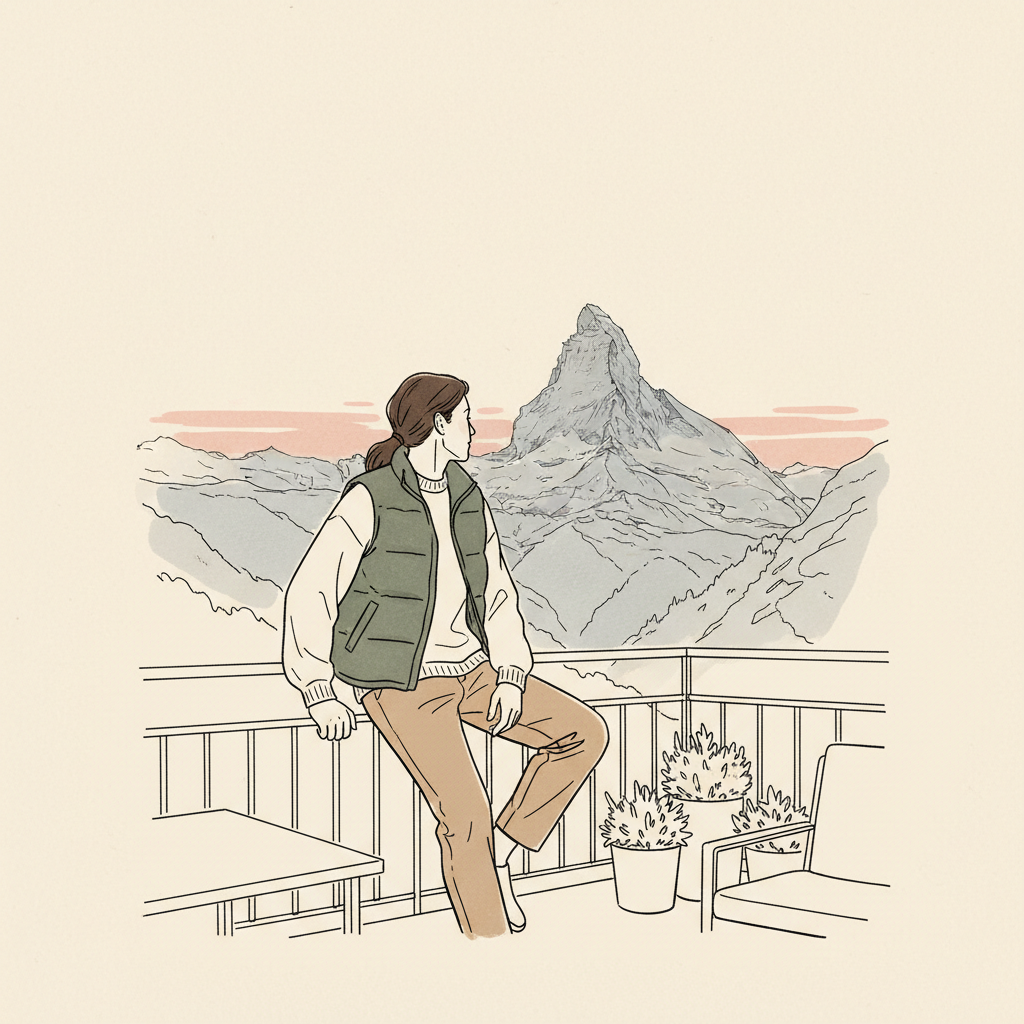 An illustration of a person wearing a down vest in the evening in Zermatt.