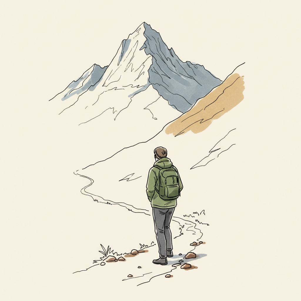 An illustration of a hiker ascending a steep, rocky trail in the high alpine.