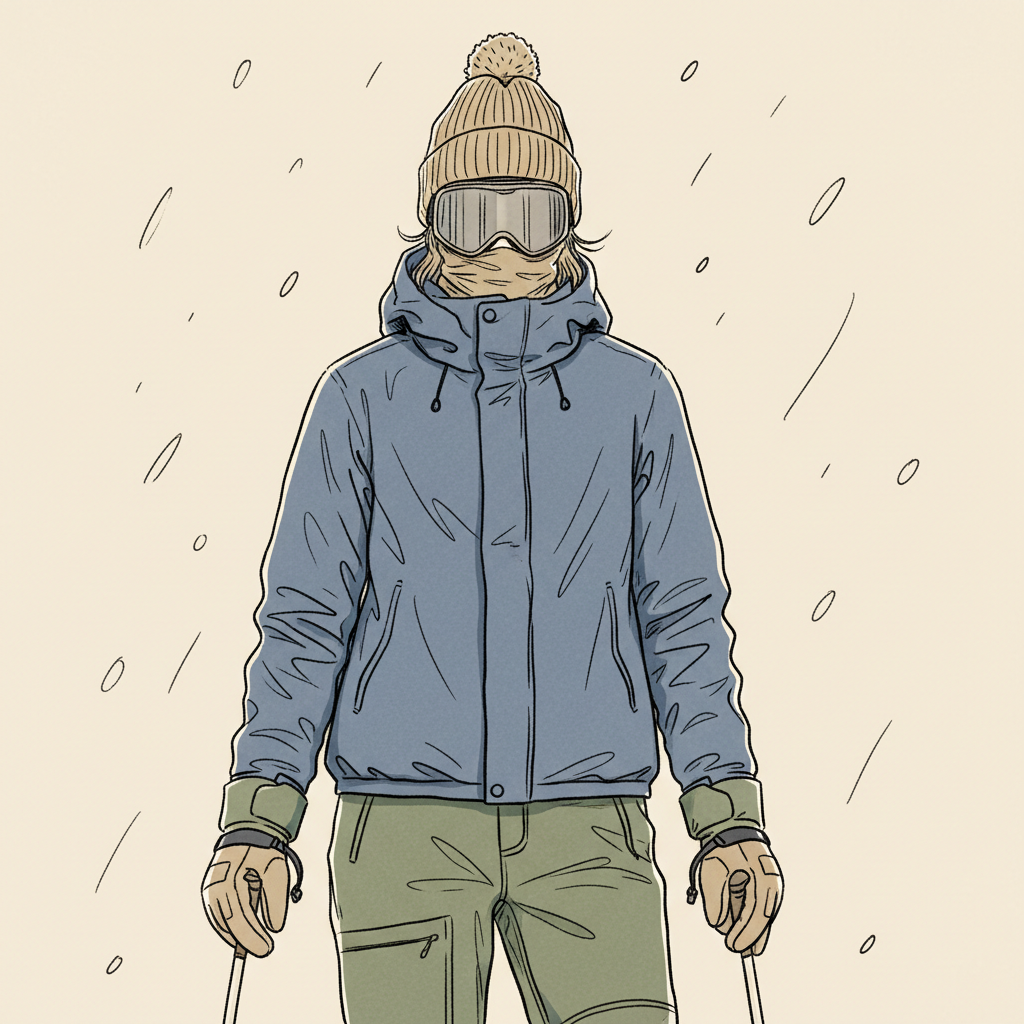 An illustration showing a person in winter ski apparel, focusing on the technical layers of their clothing.