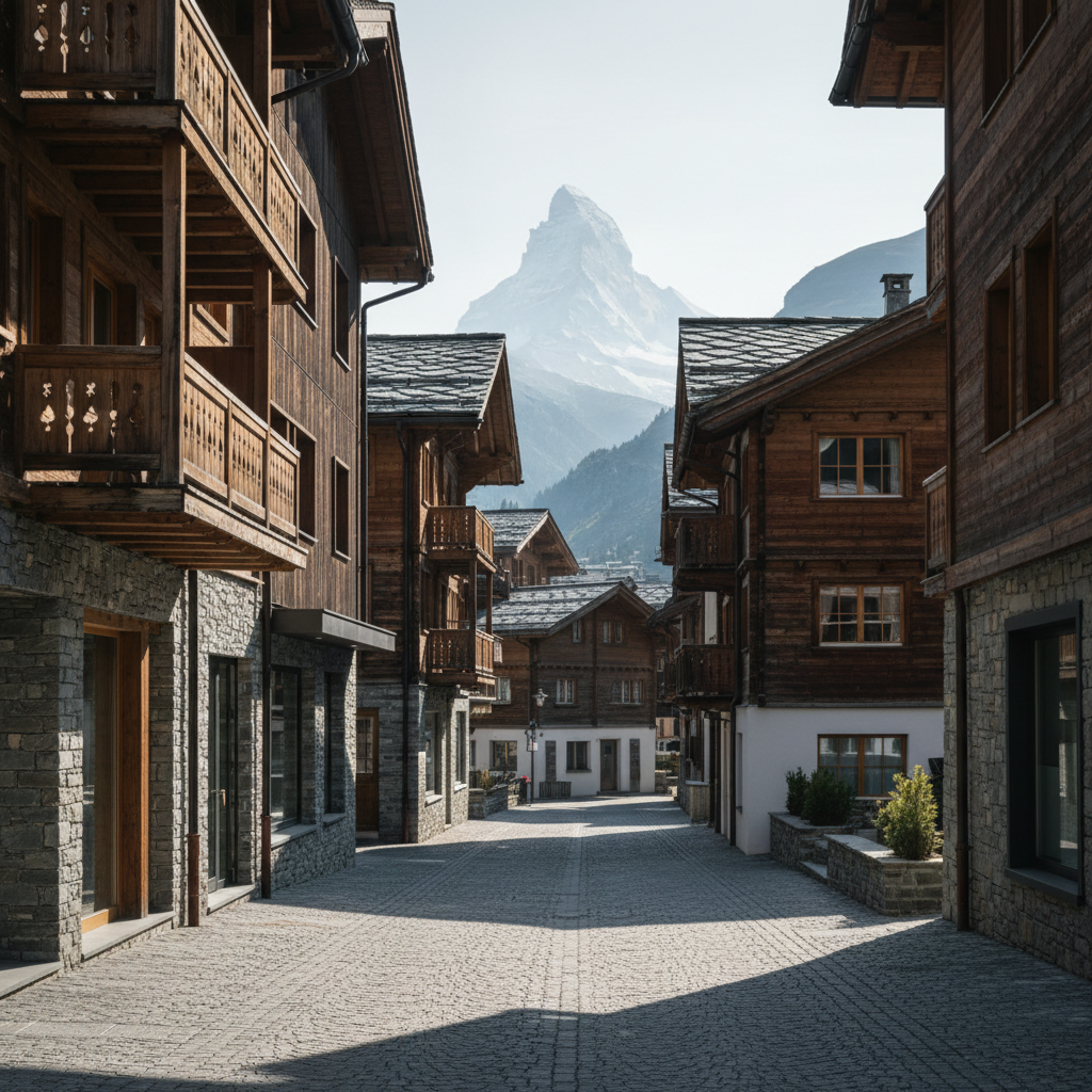 A quiet, car-free street in Zermatt, with traditional wooden chalets basking in the morning sun.