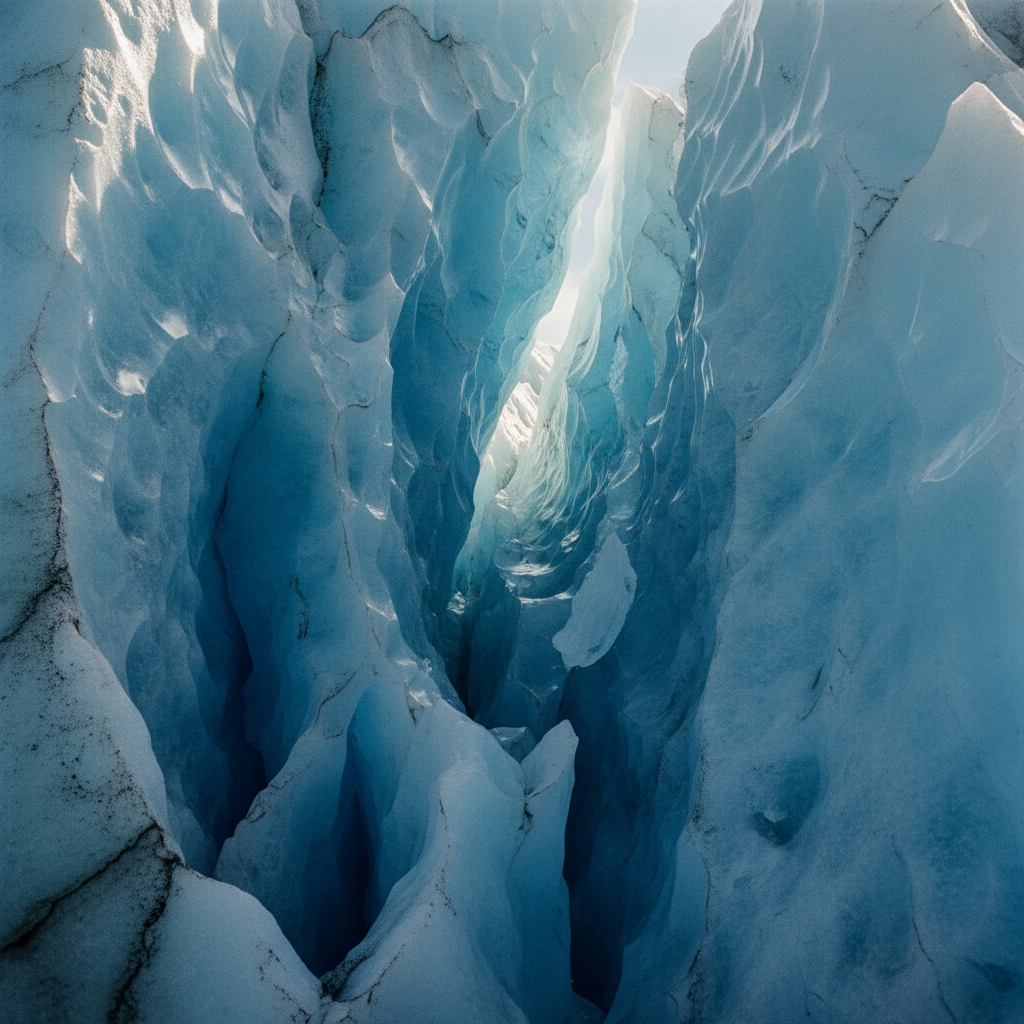 Detail of blue light filtering through a deep crevasse in a glacier.