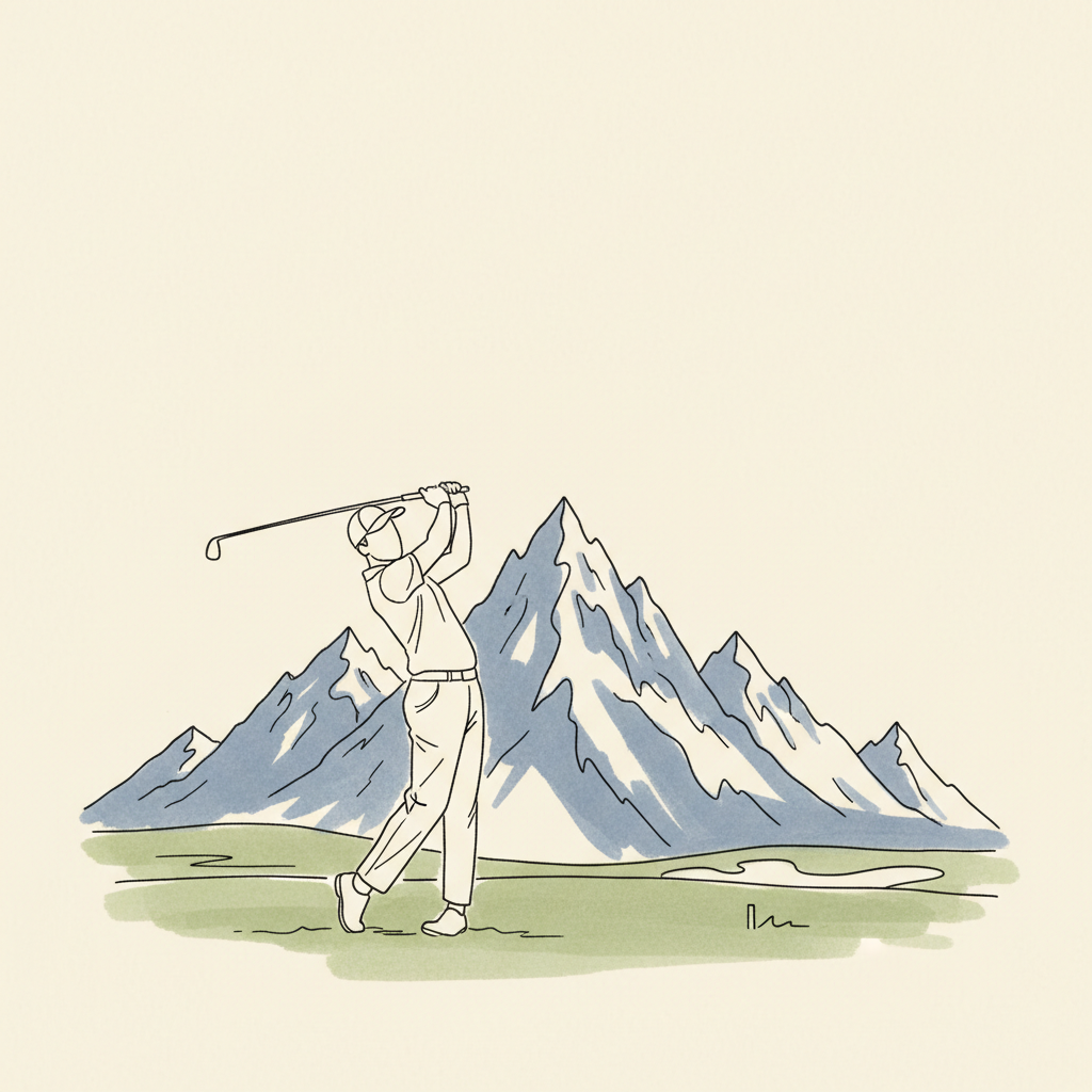 An editorial illustration of a person mid-swing on a golf course, with mountains sketched in the background.