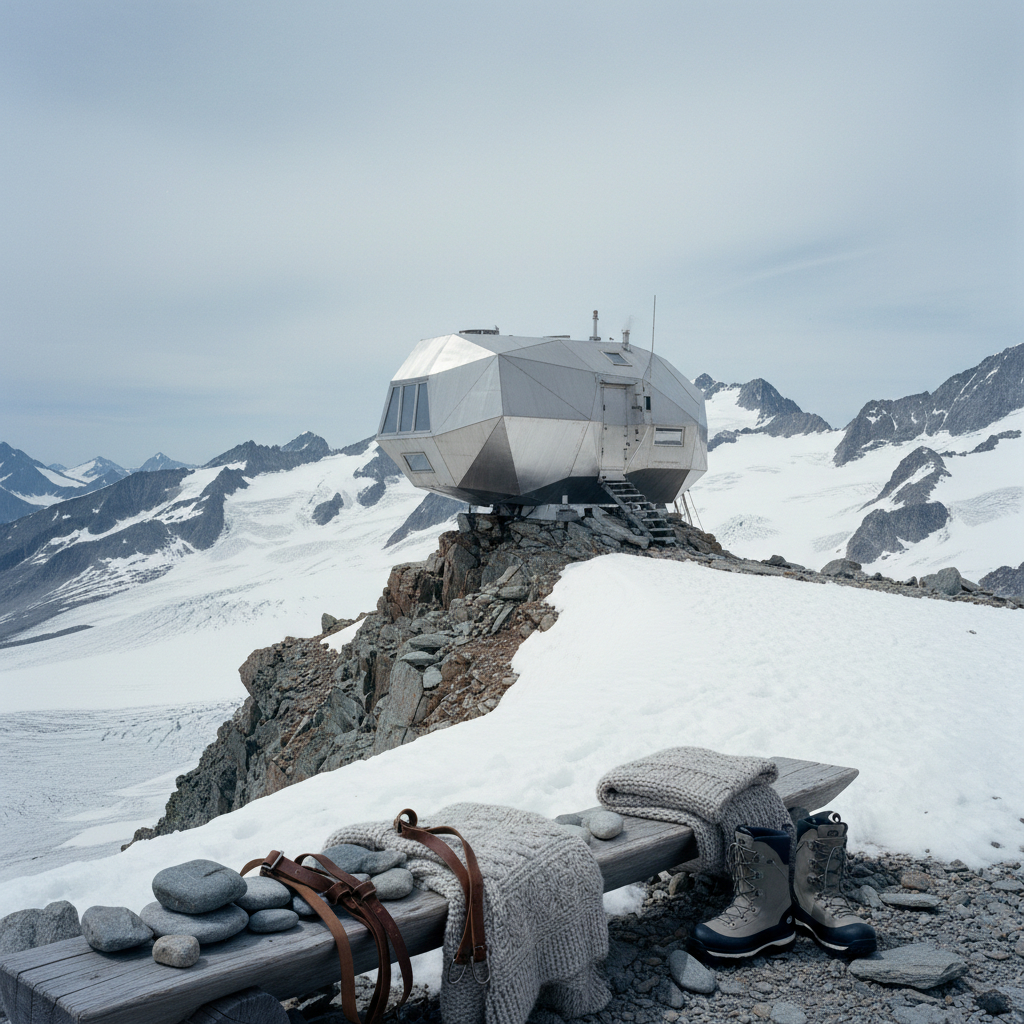 The modern, metallic Monte Rosa Hut, surrounded by snow.
