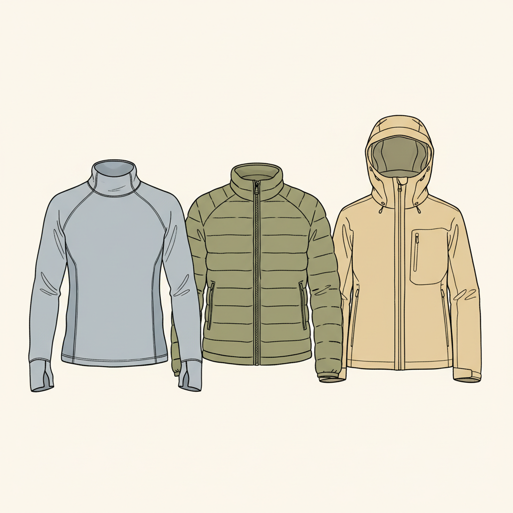 Illustration of a three-layer wardrobe system for the mountains.