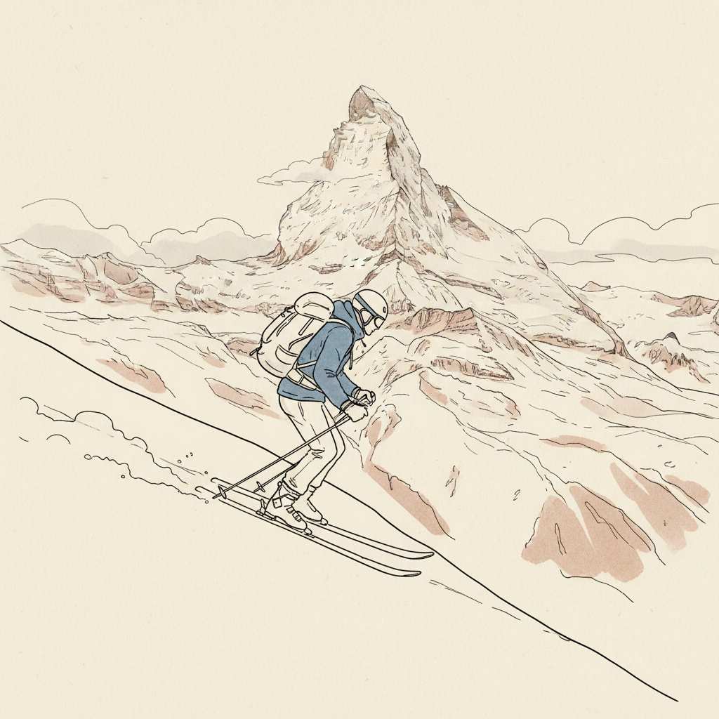An illustration of two ski tourers crossing a glacier.