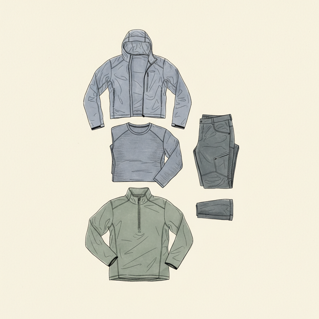 An editorial illustration showing a layered golf outfit: technical trousers, a base layer, a mid-layer, and a windbreaker.