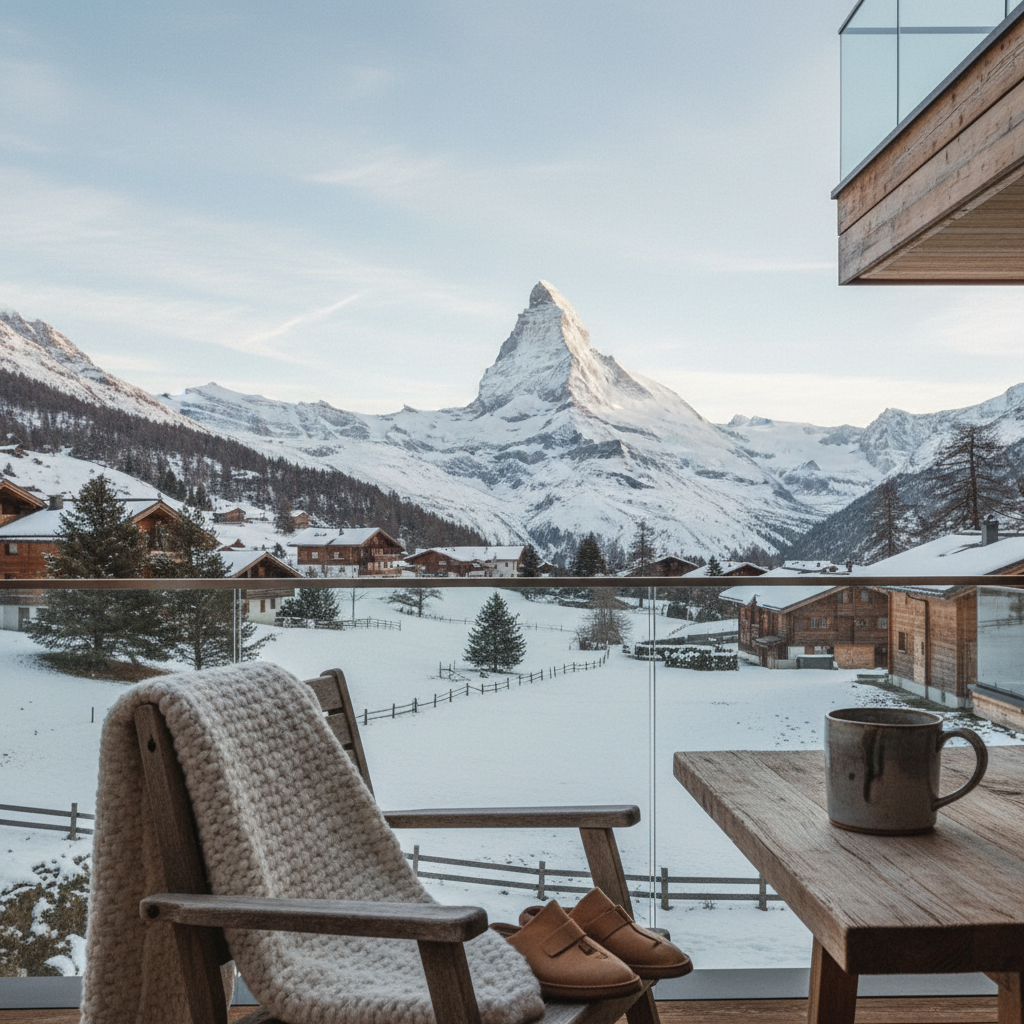 A view across snowy meadows toward the Matterhorn from a contemporary chalet in Zermatt's Winkelmatten district.