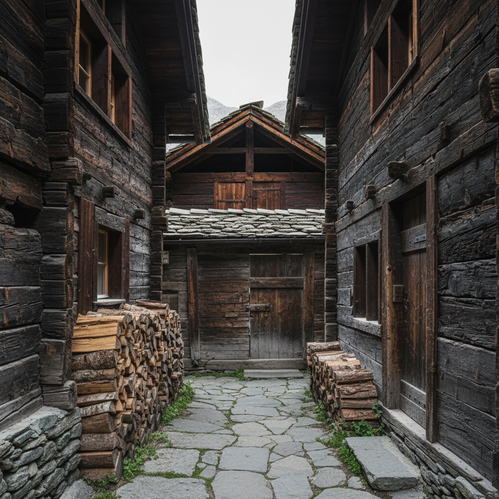 The historic wooden houses and stone-paved alleys of Zermatt's Hinterdorf.